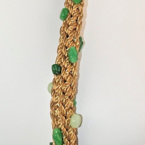 UNIQUE Vintage Gold Braided Cording Necklace with Green Peking Glass Beads - Picture 3 of 4